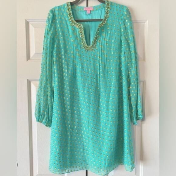 Lilly Pulitzer Dresses & Skirts - Lilly Pulitzer Colby Silk Tunic Dress in Seaside Aqua Crinkle Clip Jacquard,12